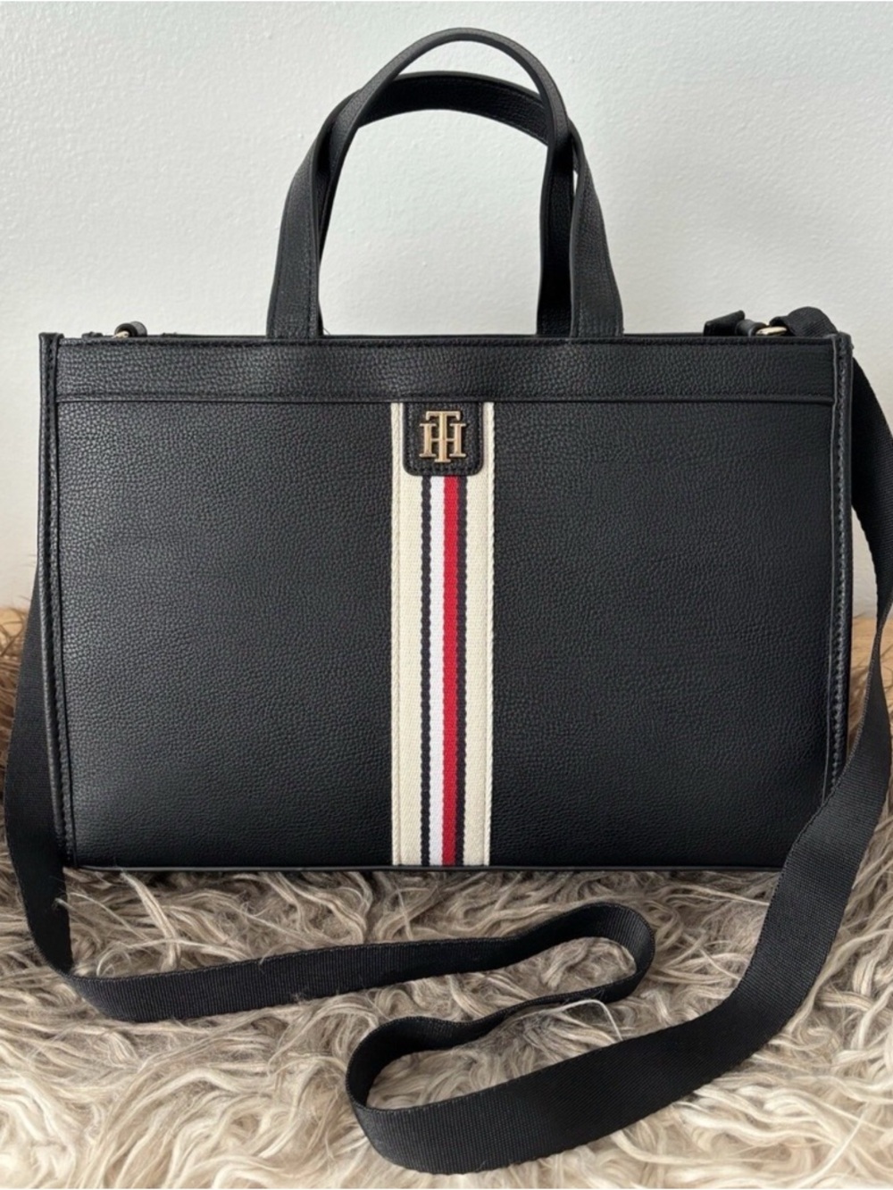 Tommy Hilfiger Black Tote with Signature Red-White-Navy Stripe